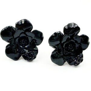 Chanel Vintage Black Camellia Flower Clip on Earrings
